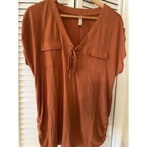 Per Seption Concept-Solid Tab Sleeve Blouse Orange